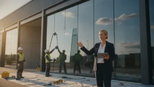 Business owner overseeing a professional commercial glass replacement for her storefront.