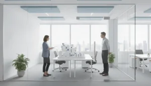 Office glass partitions with two people discussing a workspace