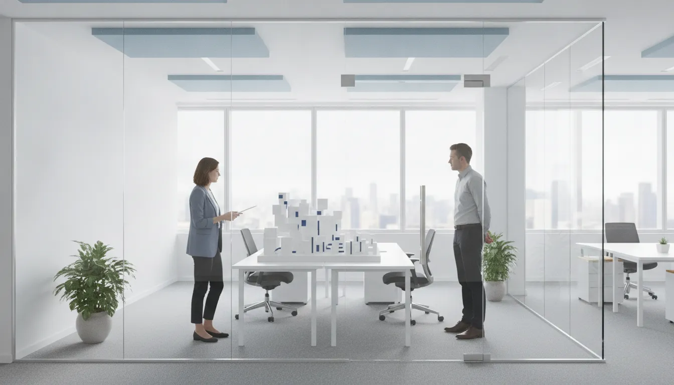 Office glass partitions with two people discussing a workspace