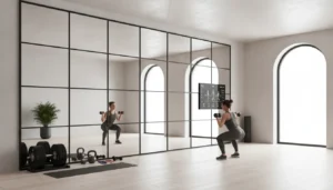 Woman doing dumbbell squats in a home gym with large wall mirrors and fitness equipment.