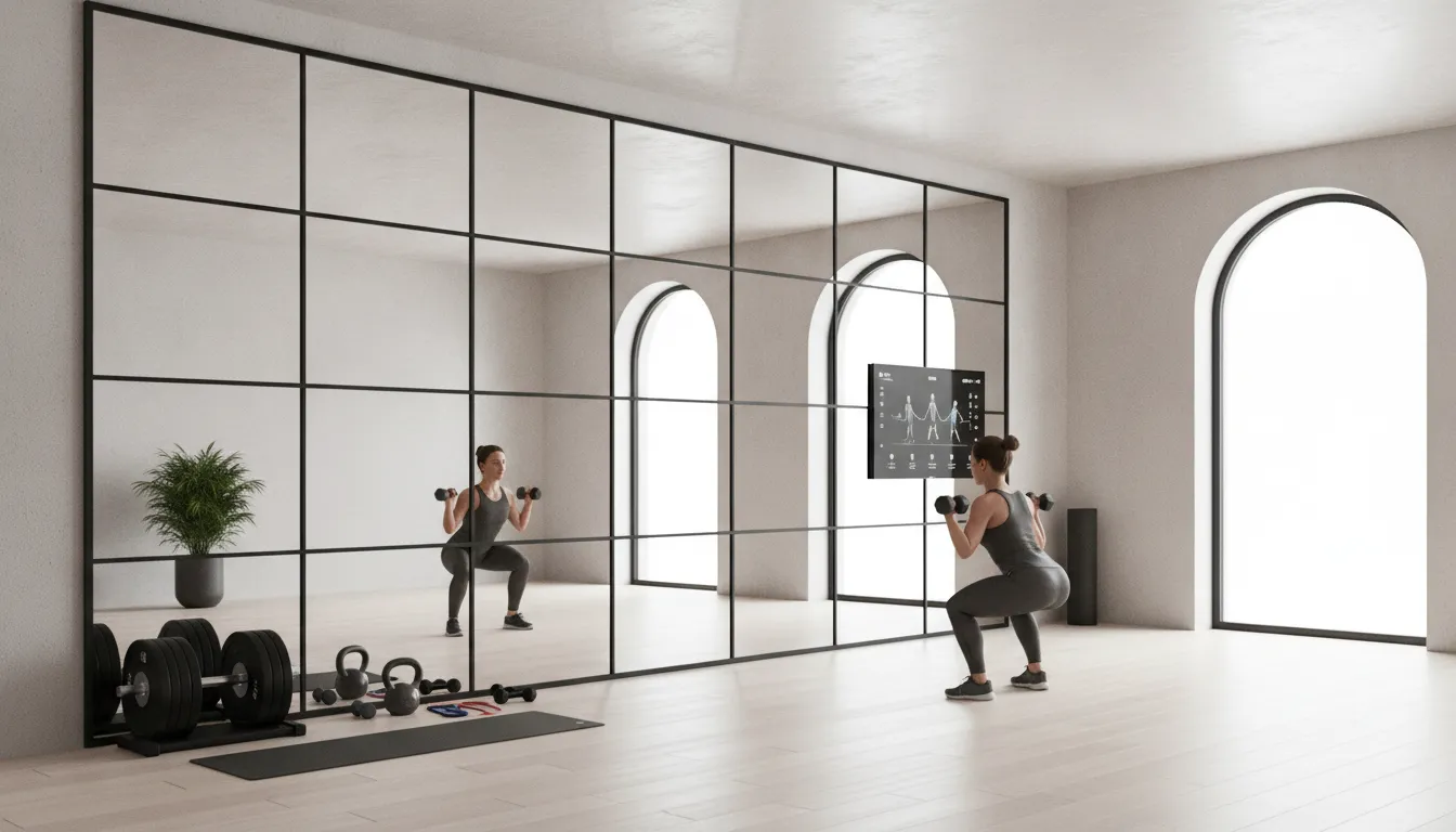 Woman doing dumbbell squats in a home gym with large wall mirrors and fitness equipment.