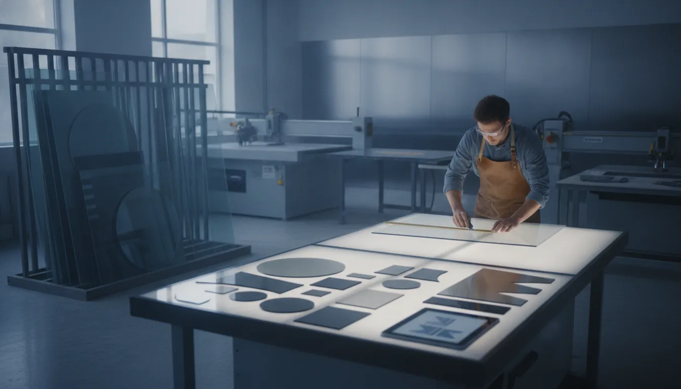 Worker measuring custom-cut glass for replacement on a worktable in a fabrication shop.