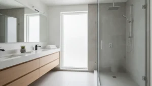 Modern bathroom with custom frameless shower doors, clear glass enclosure, and minimal hardware.