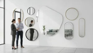 Custom wall mirrors in various shapes and sizes in a modern office.