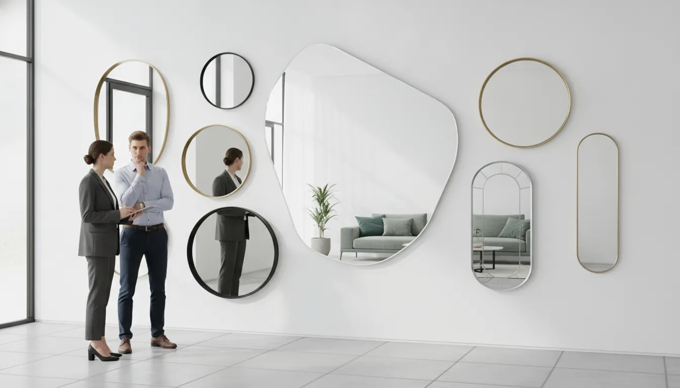Custom wall mirrors in various shapes and sizes in a modern office.