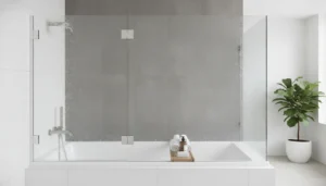 Frameless bathtub doors with minimal hardware installed in a modern bathroom.