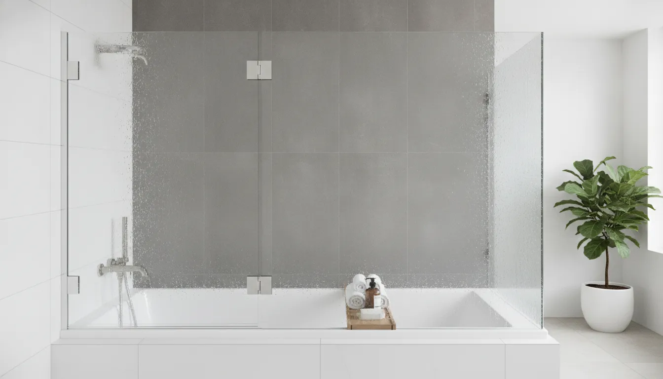 Frameless bathtub doors with minimal hardware installed in a modern bathroom.