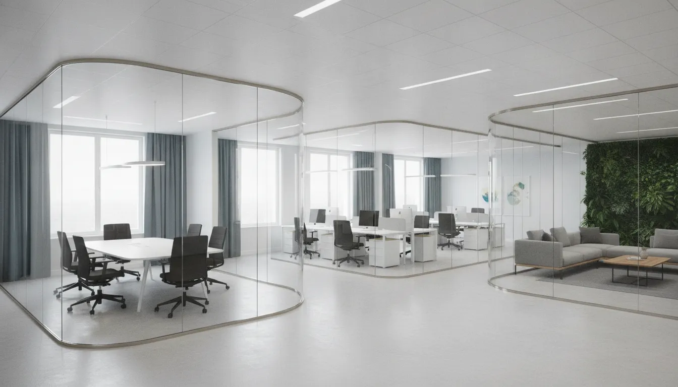 Modern office with frameless glass partitions dividing meeting, workspace, and lounge areas.
