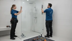 Frameless shower door installation with tools and safety gear in a modern bathroom.