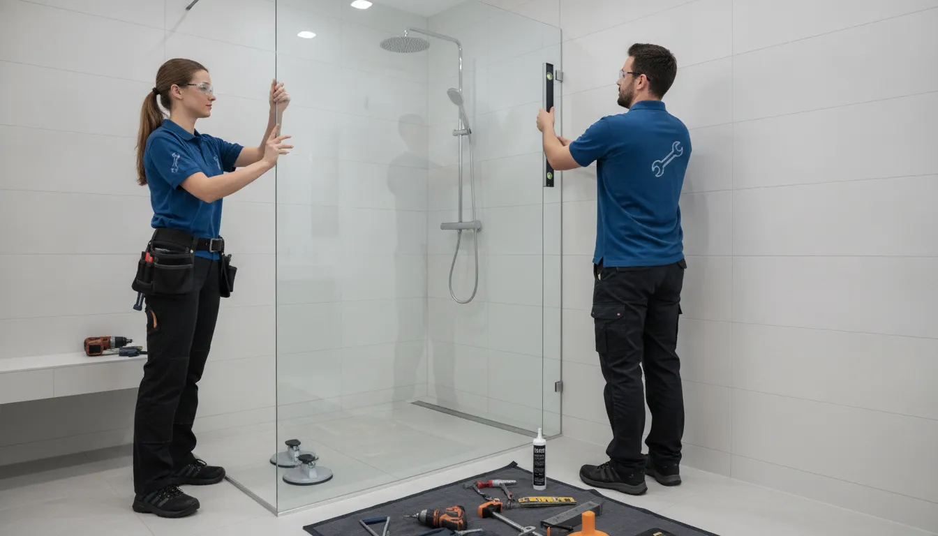 Frameless shower door installation with tools and safety gear in a modern bathroom.