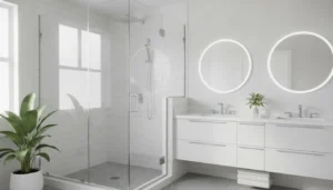 Frameless glass shower enclosure in a bright Florida bathroom