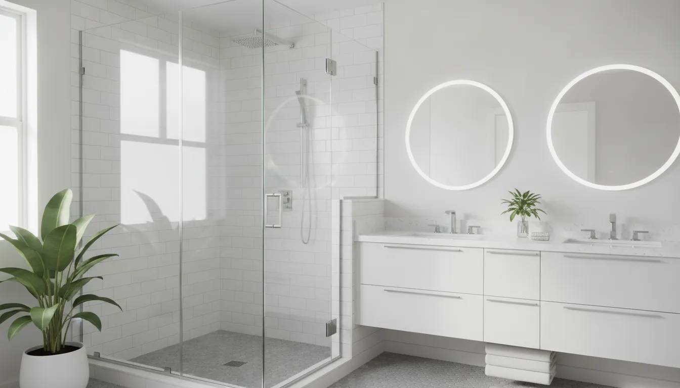 Frameless glass shower enclosure in a bright Florida bathroom