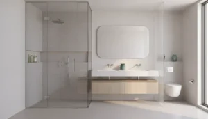 Frameless shower enclosure and custom mirror in a bright Florida interior