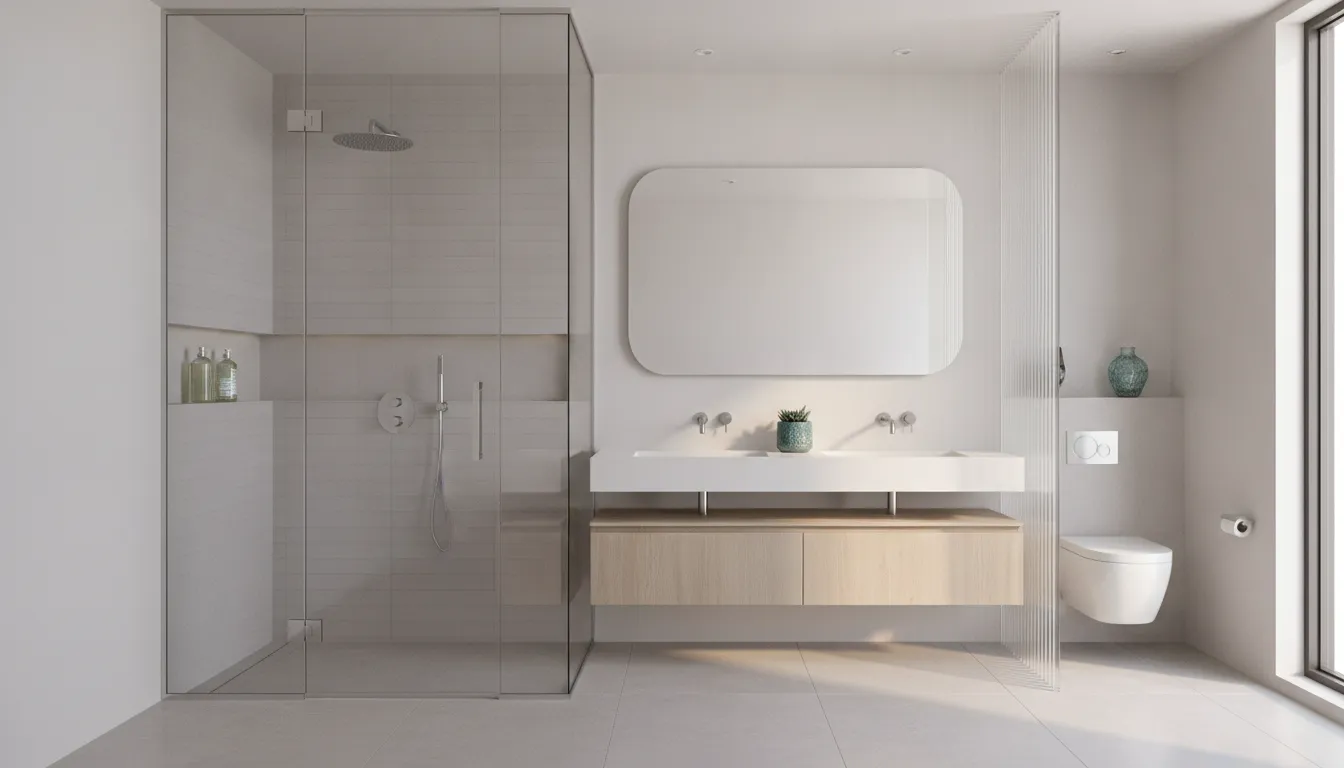 Frameless shower enclosure and custom mirror in a bright Florida interior