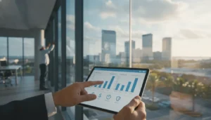 Businessperson comparing Tampa glass replacement providers on a tablet in a modern office.