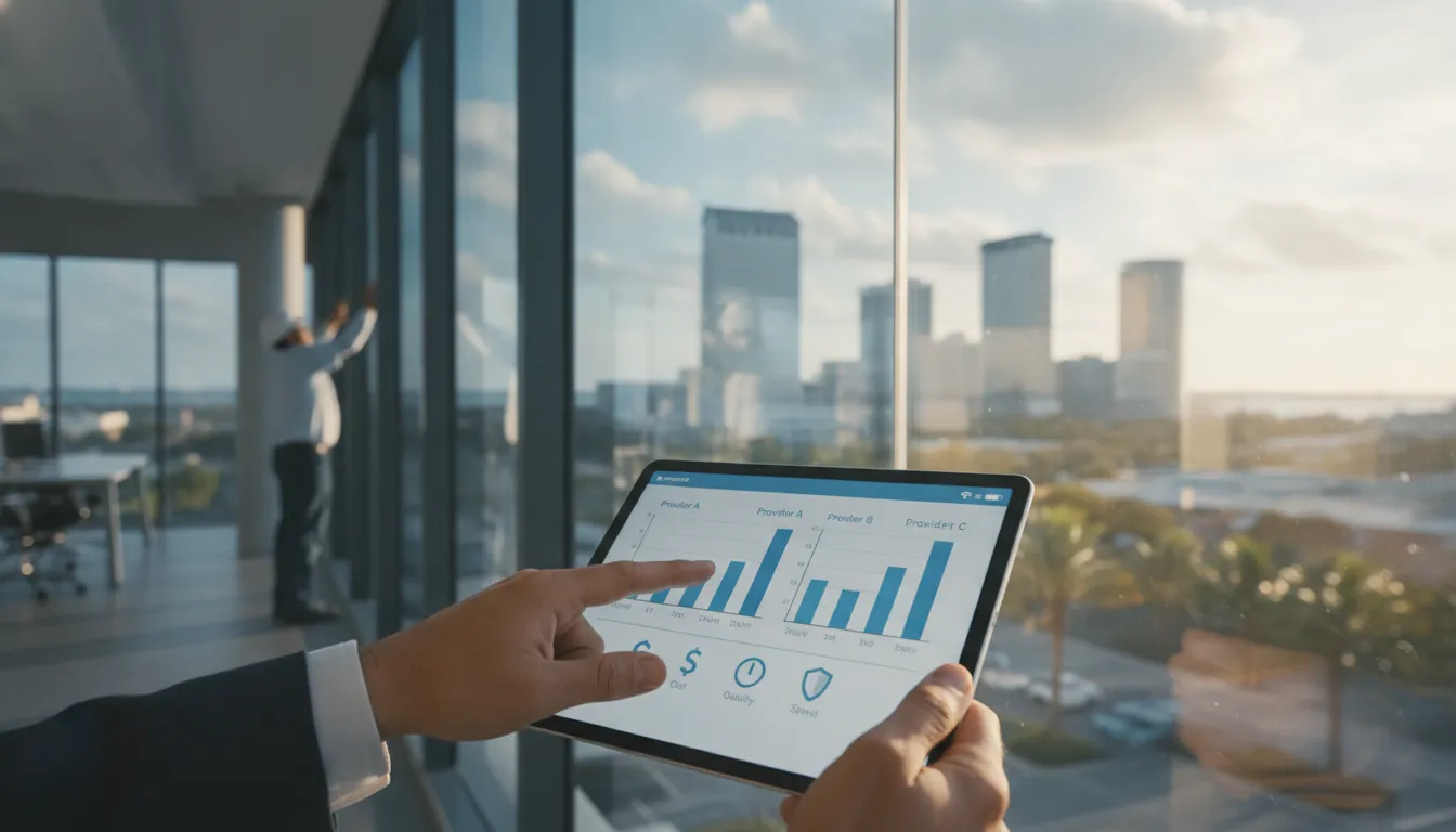 Businessperson comparing Tampa glass replacement providers on a tablet in a modern office.