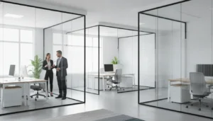 Bright modern office with glass wall dividers, desks, and two people talking.