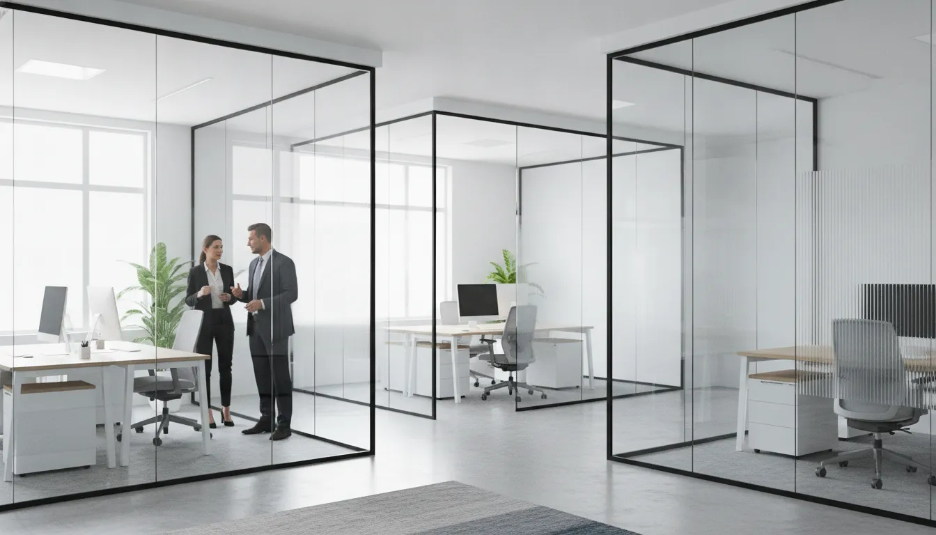 Bright modern office with glass wall dividers, desks, and two people talking.
