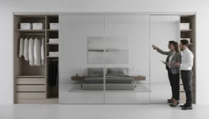 Sliding full length mirror closet doors reflecting the interior of a modern bedroom.