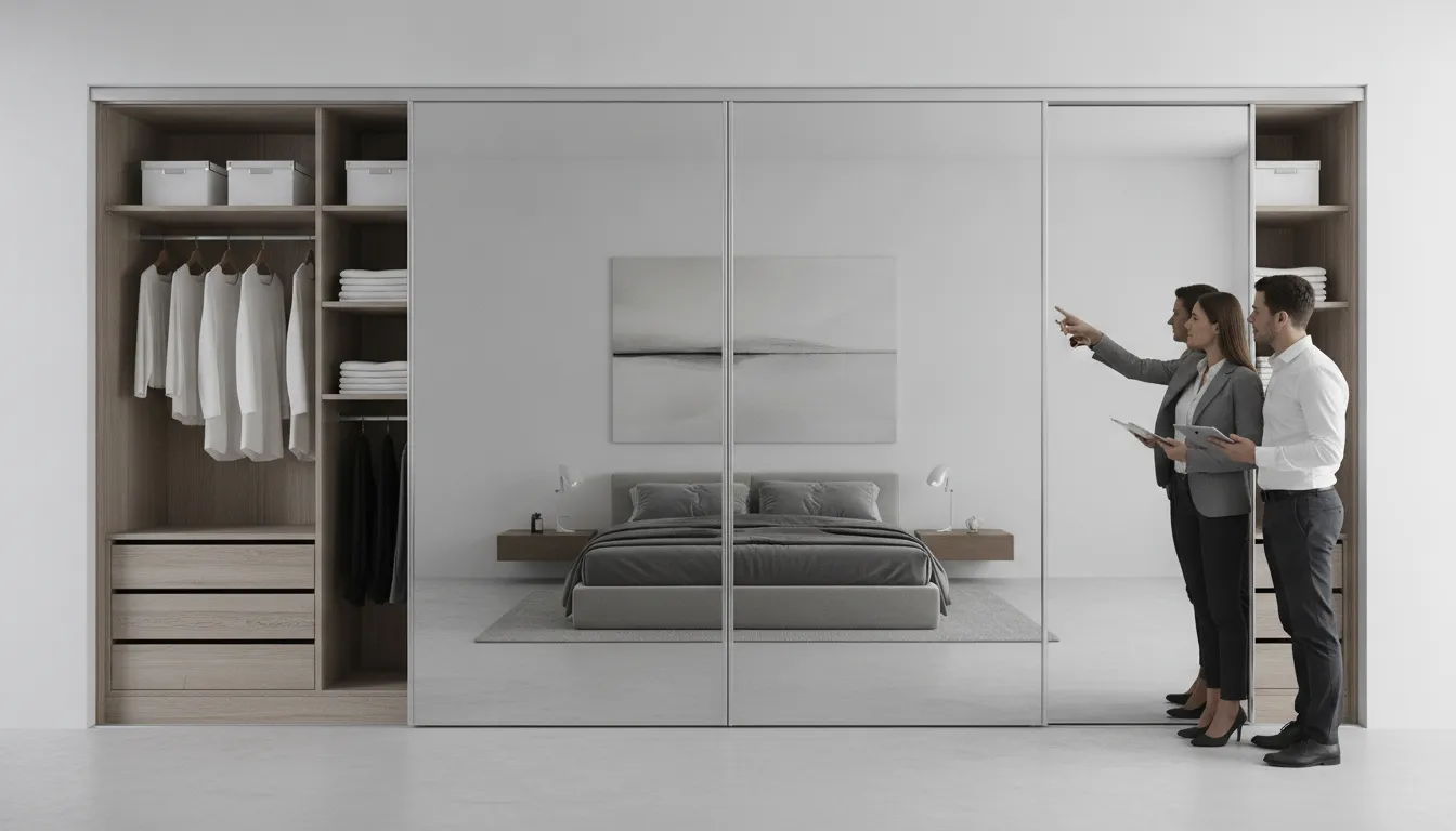 Sliding full length mirror closet doors reflecting the interior of a modern bedroom.