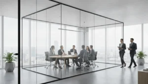 Modern office with interior glass walls and a conference room overlooking the city.