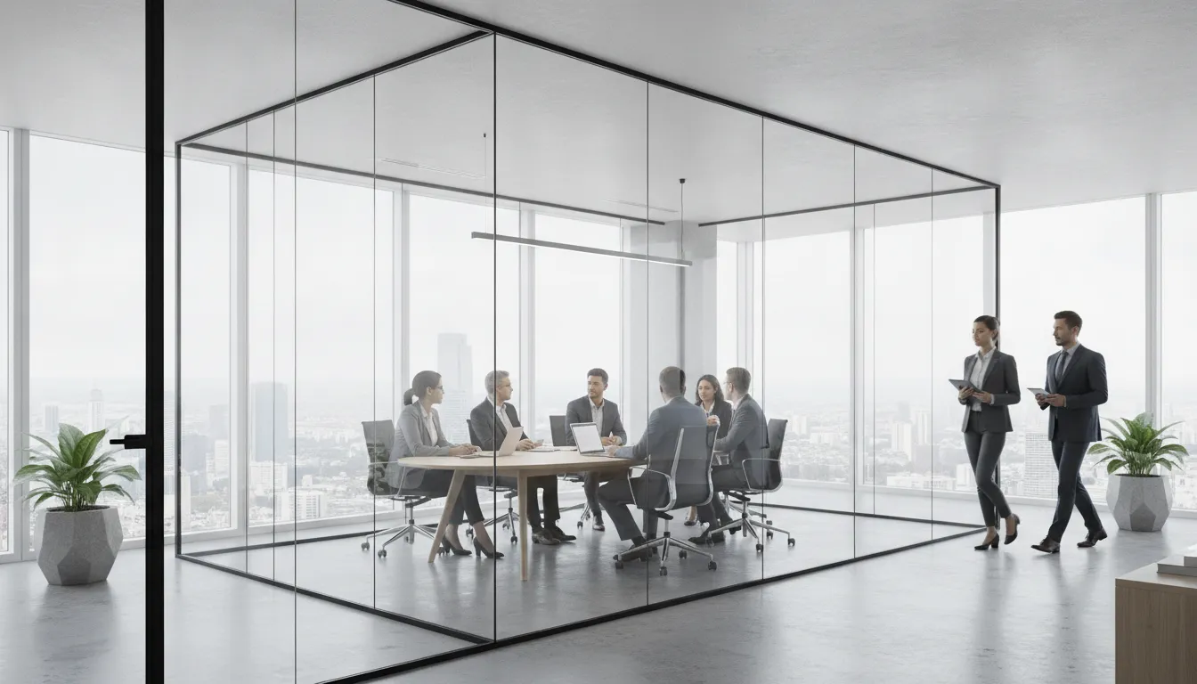 Modern office with interior glass walls and a conference room overlooking the city.