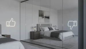 Mirrored closet doors in a modern bedroom with pros and cons icons.
