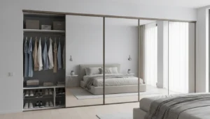 Sliding mirror closet doors in a modern bedroom reflecting the bed and light from a window.