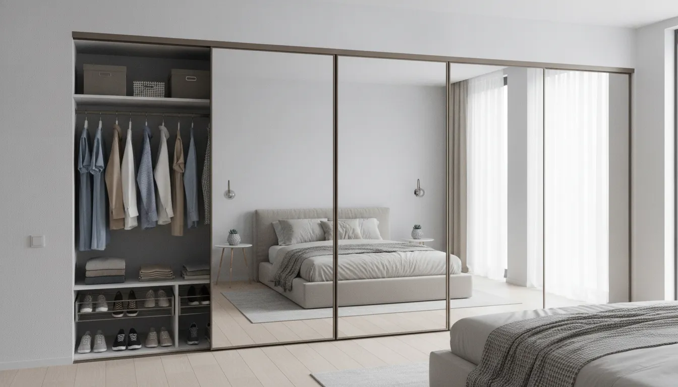Sliding mirror closet doors in a modern bedroom reflecting the bed and light from a window.
