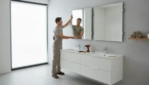 Man completing a bathroom mirror installation over a vanity.